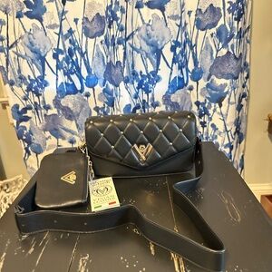 NWT Valentino Orlandi Black Quilted Crossbody Bag with matching card holder